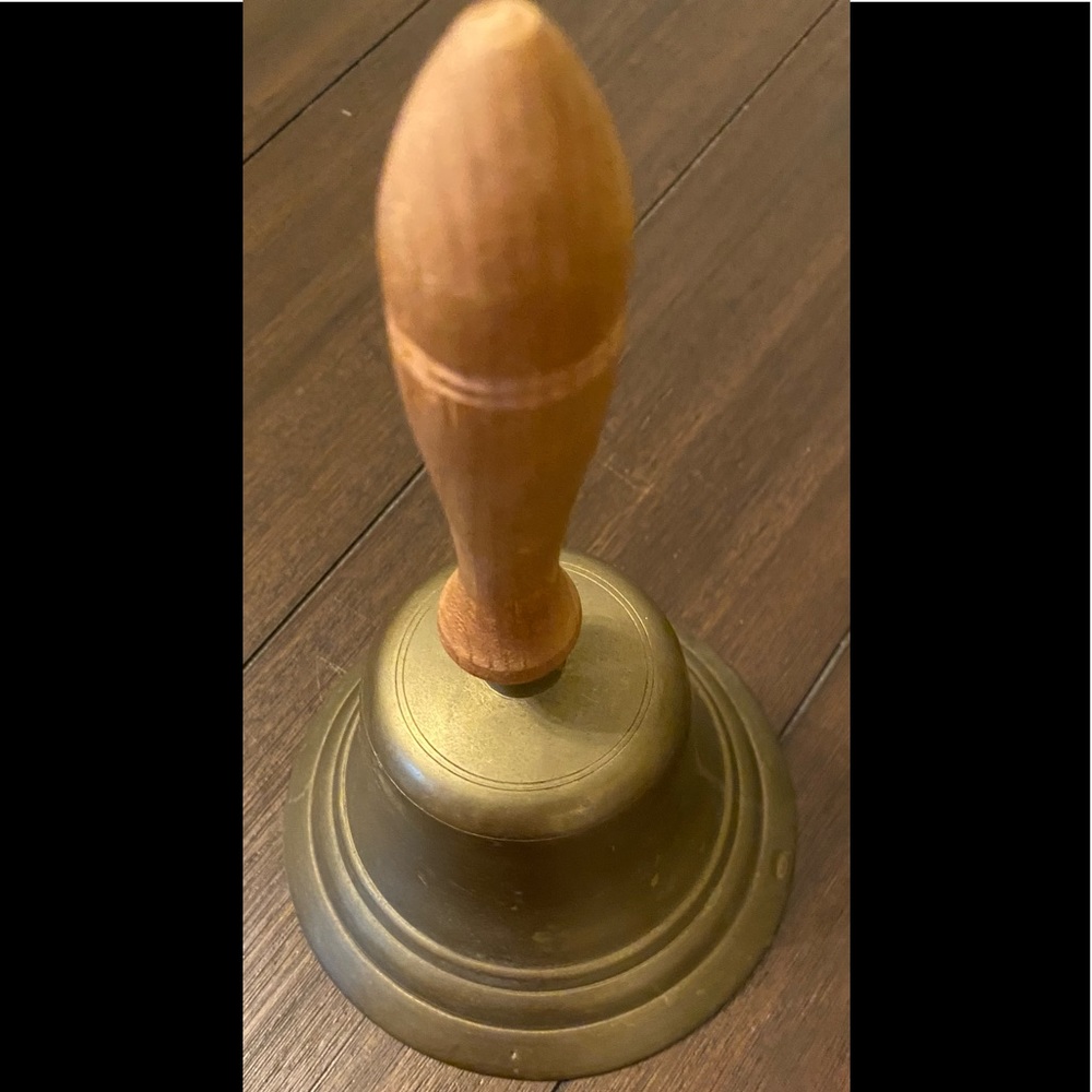 Antique Vintage Style Brass Wood Teachers School Hand Bell Primitive Decor